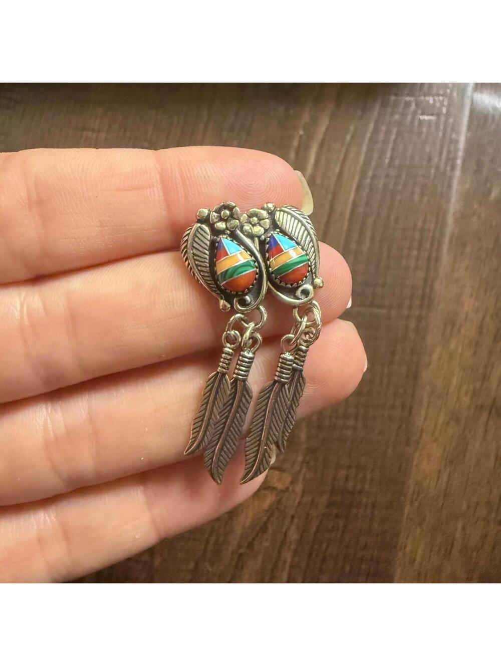 Vintage 925 Native American Zuni Dream Catcher Floral Feather Dangle Earrings